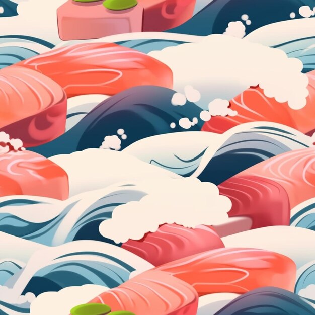 Photo there are many pieces of sushi on the choppy waves generative ai