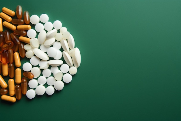 there are many pills and capsules on a green surface generative ai