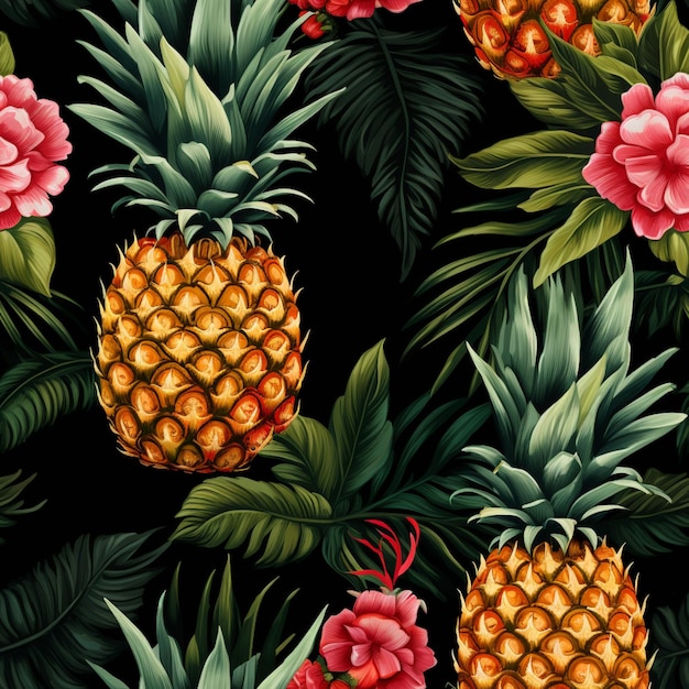 there are many pineapples and flowers on a black background generative ai