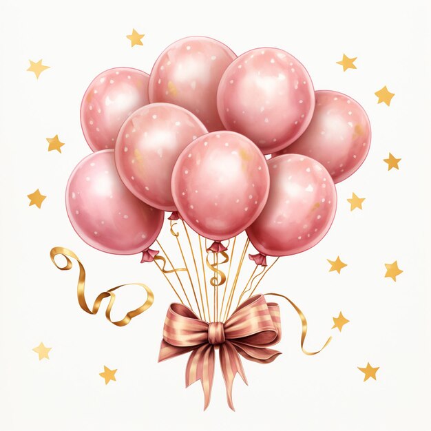 there are many pink balloons tied to a ribbon with stars generative ai