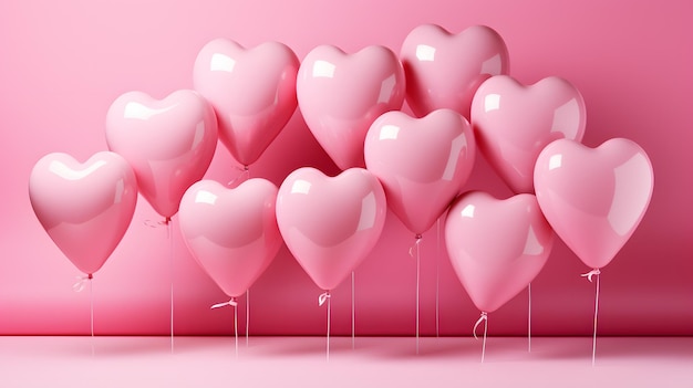 there are many pink balloons with hearts on them in a room Generative AI