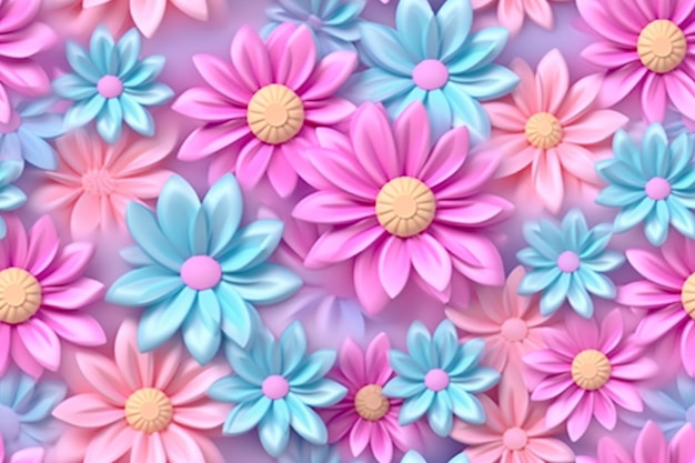 There are many pink and blue flowers on a pink surface generative ai