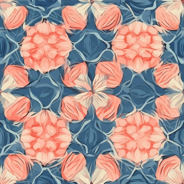 there are many pink flowers on a blue background generative ai