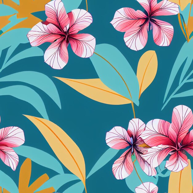 There are many pink flowers on a blue background with yellow leaves generative ai