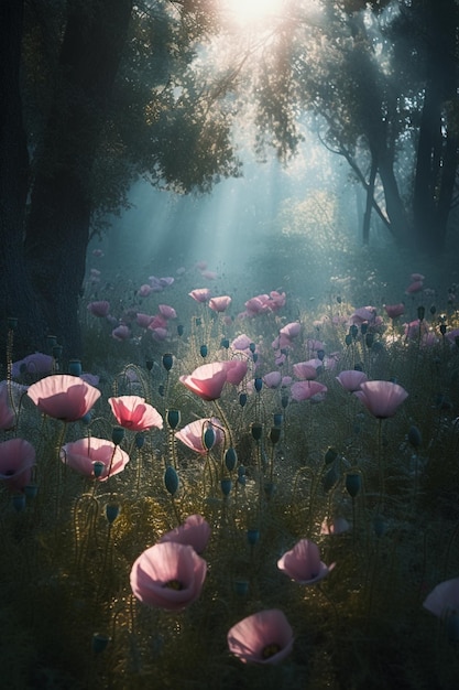 there are many pink flowers in a field of grass generative ai