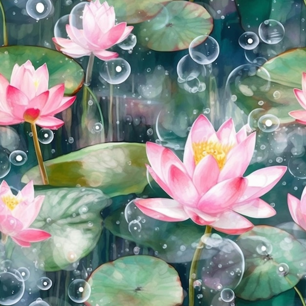 There are many pink flowers floating in a pond of water generative ai