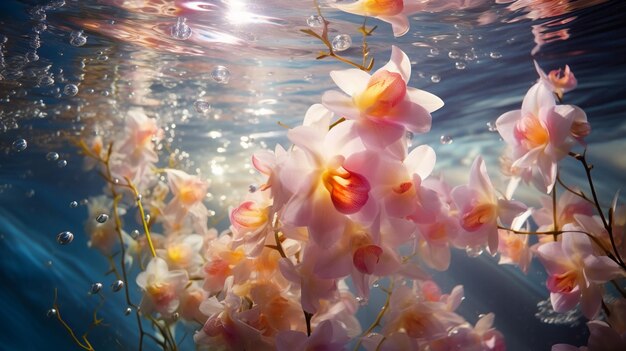 There are many pink flowers floating in the water generative ai