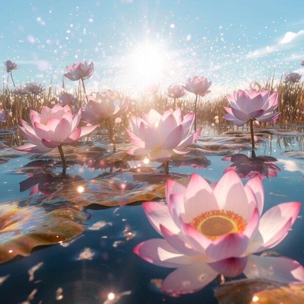 There are many pink flowers floating in the water on a sunny day generative ai