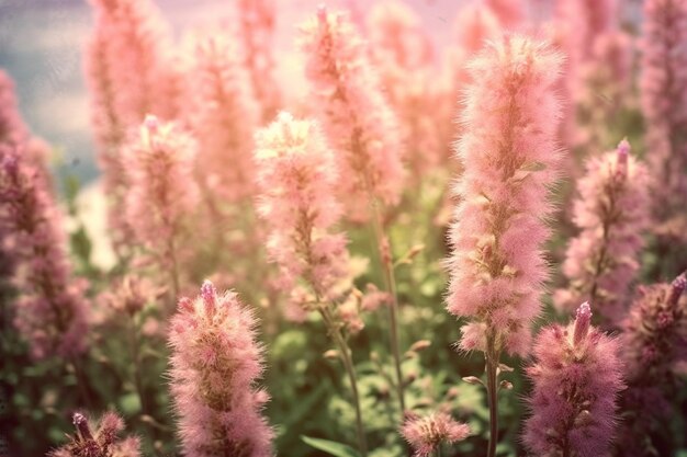 there are many pink flowers that are growing in the field generative ai