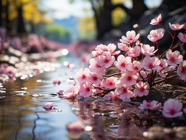 水からはピンク色の花がたくさん生えています。