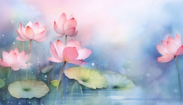 There are many pink flowers that are growing out of the water generative ai