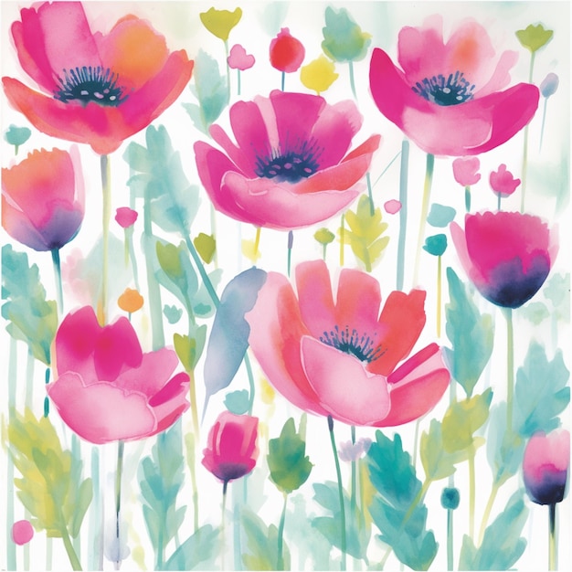 there are many pink flowers that are in the watercolor generative ai