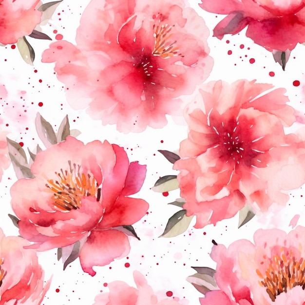 There are many pink flowers on a white background with red dots generative ai
