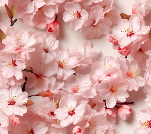 There are many pink flowers on a white surface generative ai