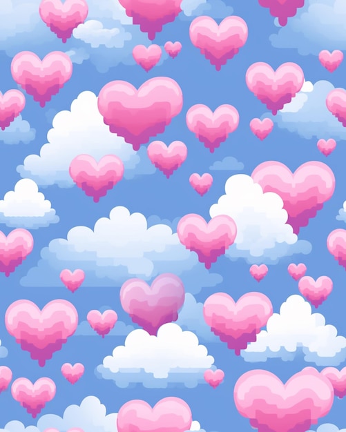 Есть много розовых сердец, плавающих в небе с облаками.