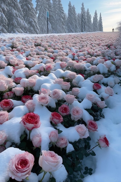 there are many pink roses covered in snow in a field generative ai