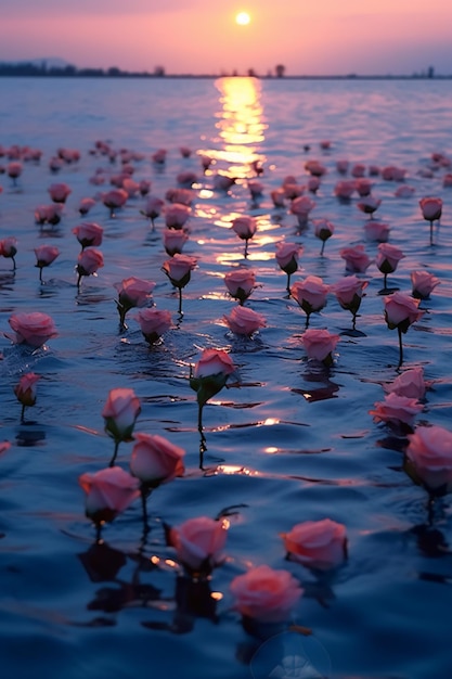 there are many pink roses floating in the water at sunset generative ai