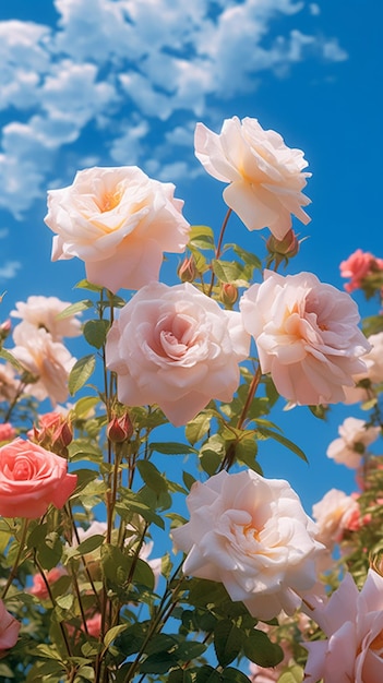 there are many pink roses in the garden with a blue sky in the background generative ai