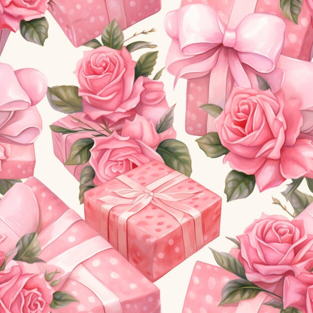 There are many pink roses and gift boxes with bows on them generative ai