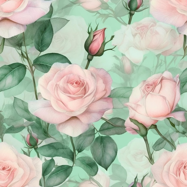 There are many pink roses on a green background generative ai