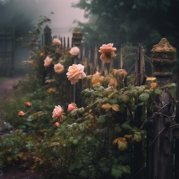 there are many pink roses growing on a fence in the fog generative ai