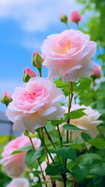 В саду растет много розовых роз с зелеными листьями, генеративными ai