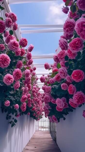 there are many pink roses growing on the side of a building generative ai