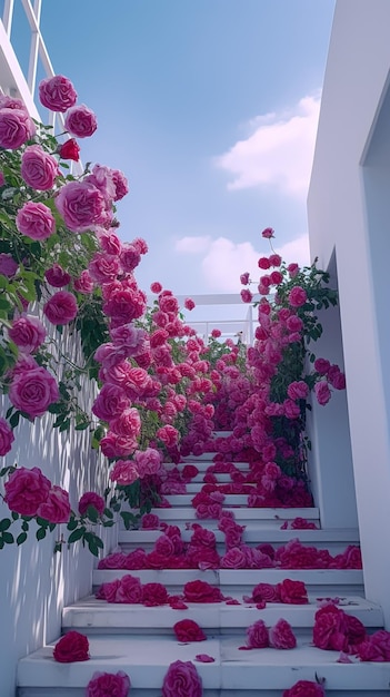 there are many pink roses growing on the steps of a building generative ai