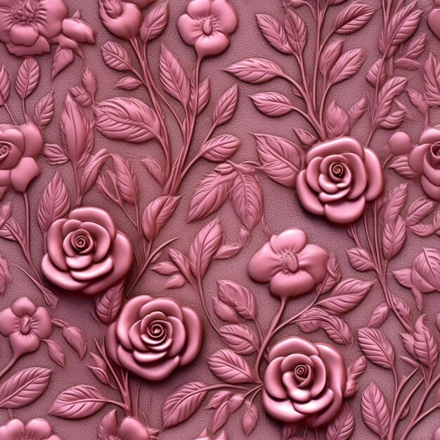 There are many pink roses on a pink wall with leaves generative ai