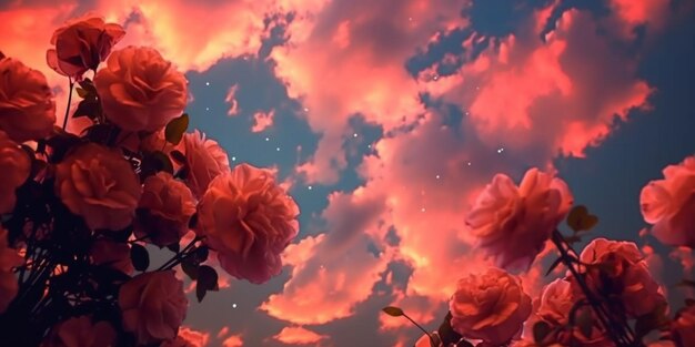 There are many pink roses in the sky with a pink cloud generative ai