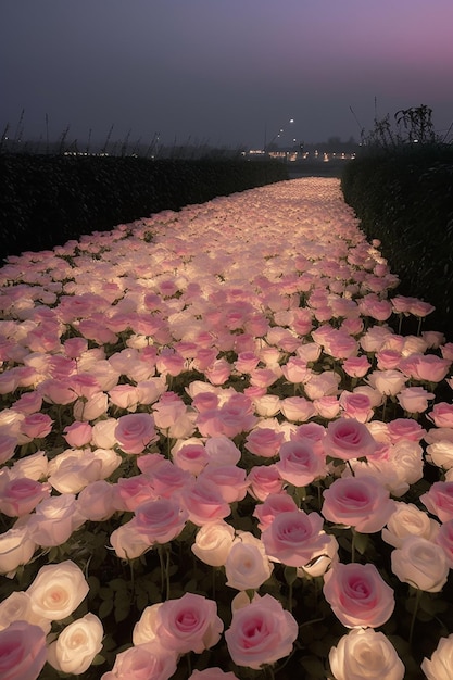 잔디 생성 AI에 핑크색 장미가 많이 자라고 있습니다.