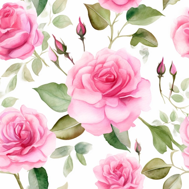 there are many pink roses on a white background with green leaves generative ai