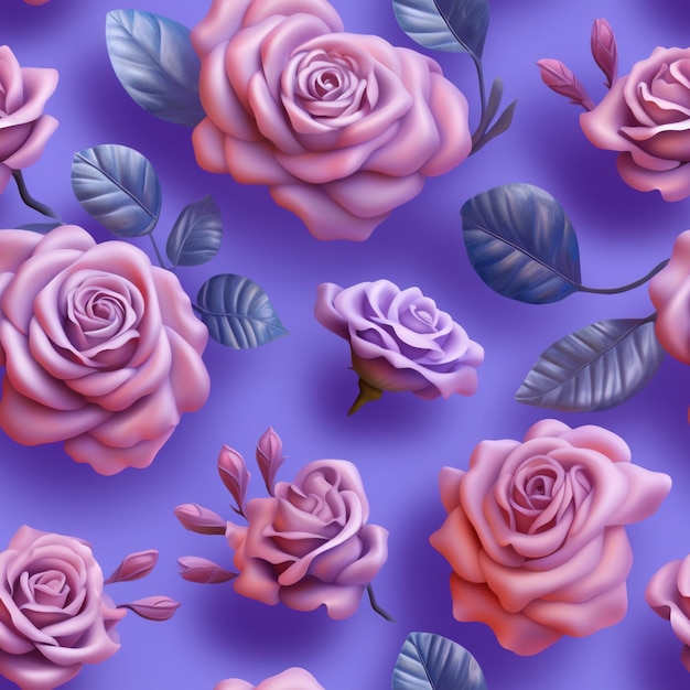 There are many pink roses with green leaves on a purple background generative ai