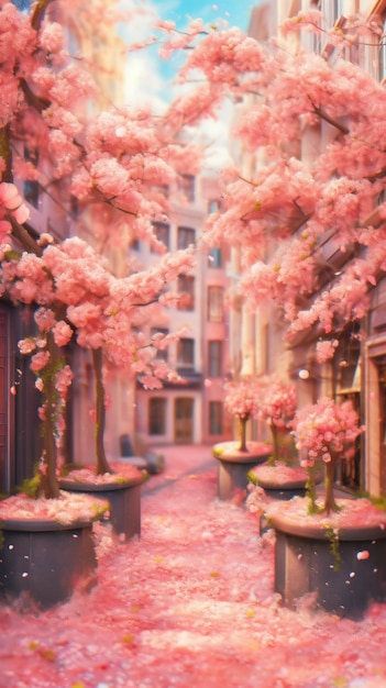 There are many pink trees in the middle of a city street generative ai