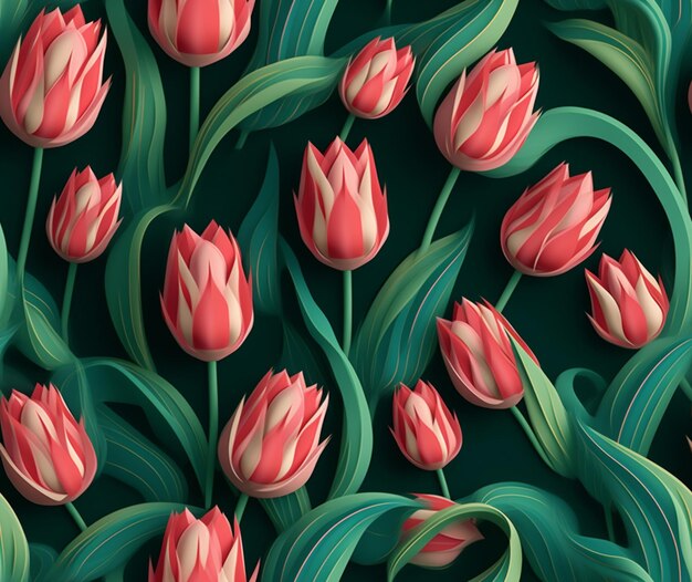 There are many pink tulips that are on a green background generative ai