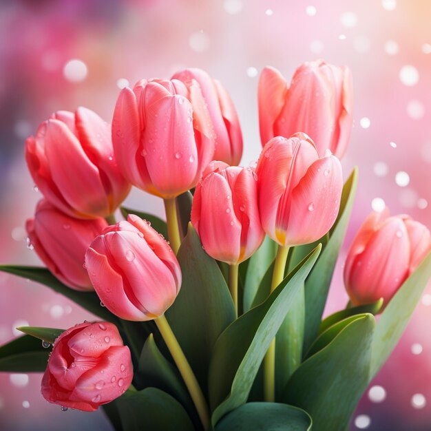 there are many pink tulips in a vase with water droplets generative ai