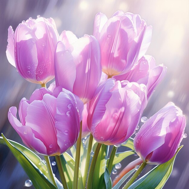 There are many pink tulips in a vase with water droplets generative ai