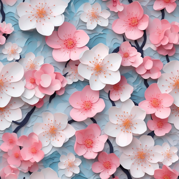 There are many pink and white flowers on a blue background generative ai