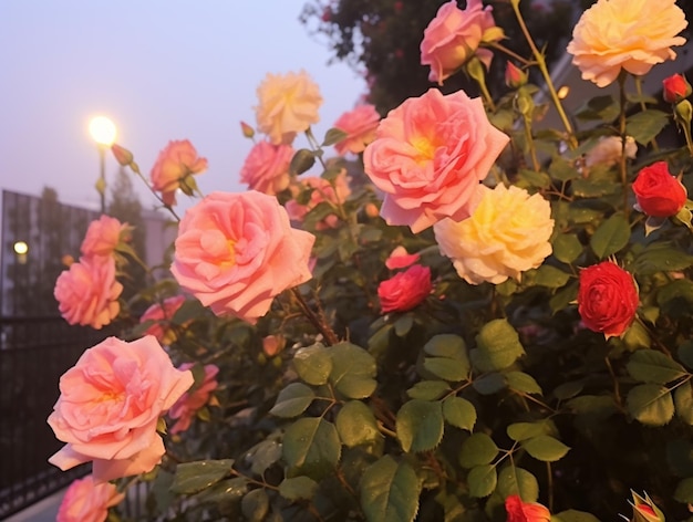 there are many pink and yellow roses growing in a bush generative ai