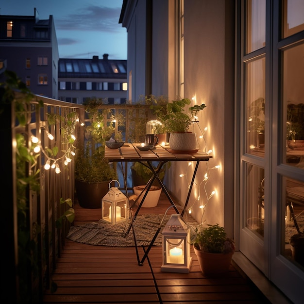 there are many plants and lights on the balcony of a house generative ai