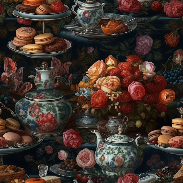 there are many plates of food on a table with a teapot generative ai