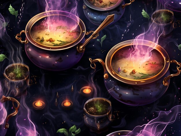 Photo there are many pots of soup on a table with candles generative ai