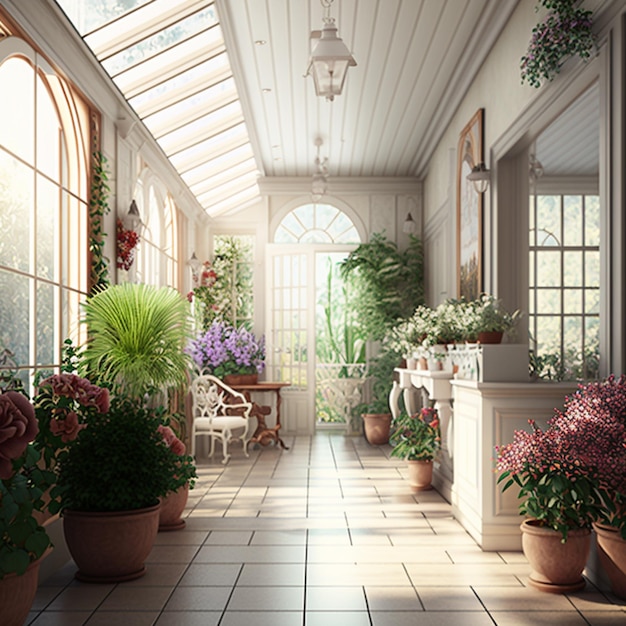 there are many potted plants in the hallway of this house generative ai