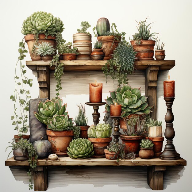 there are many potted plants on a shelf with candles generative ai