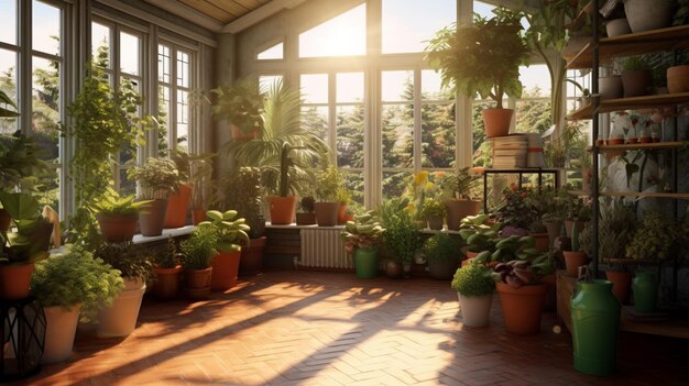 there are many potted plants in the sun in a room generative ai