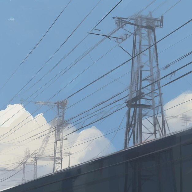 There are many power lines that are above a train generative ai