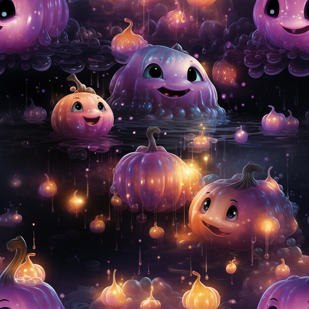 Photo there are many pumpkins floating in the water with glowing lights generative ai