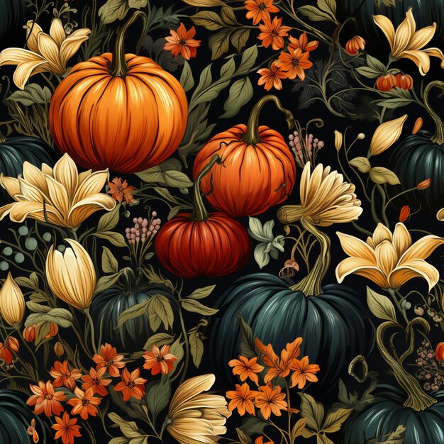 there are many pumpkins and flowers on a black background generative ai