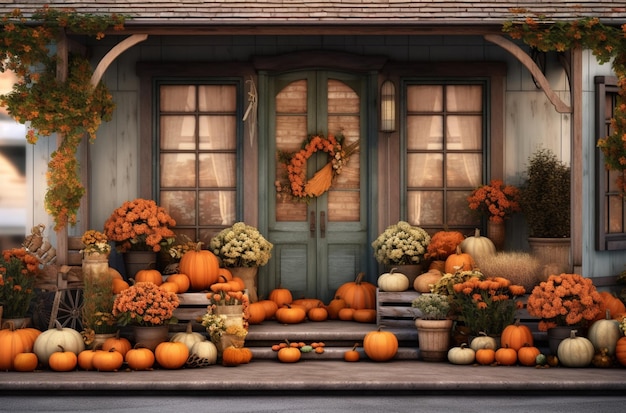 there are many pumpkins and flowers on the front porch of a house generative ai