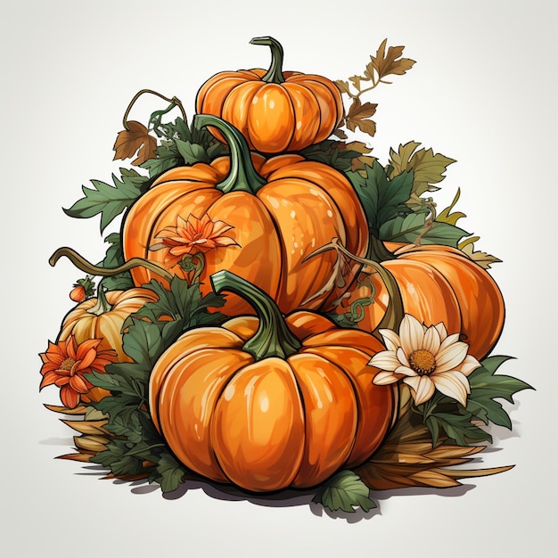 There are many pumpkins and flowers on the ground generative ai